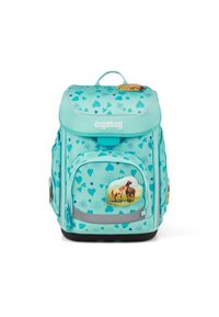 Zaino ergonomico turchese con motivi a cuore, tasca anteriore con grafica di un cavallo e un gancio per accessori aggiuntivi.