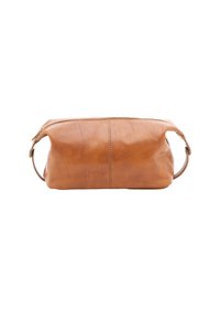 Borsa in pelle marrone di forma rettangolare. Presenta una chiusura con zip e manici laterali. Texture liscia con dettagli di cucitura minimi.