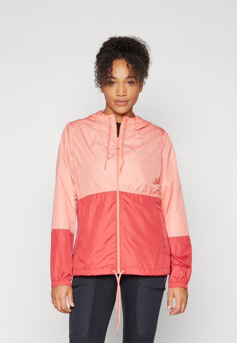 Lightweight hooded jacket in coral and pink gradient, featuring a zip front, elastic cuffs, adjustable drawstring hem, and contrasting color blocks.