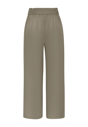 Hoch taillierte, weit geschnittene Hose in Olivgrün mit plissiertem Bund und lockerem Sitz, geeignet für Freizeit- oder formelle Anlässe.