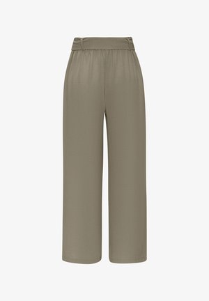 Hoch taillierte, weit geschnittene Hose in Olivgrün mit plissiertem Bund und lockerem Sitz, geeignet für Freizeit- oder formelle Anlässe.