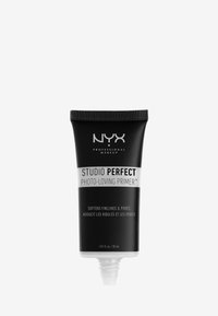 Black tube of NYX Studio Perfect Photo-Loving Primer, with white text and silver accents, 30 mL, features a screw cap and soft matte finish.