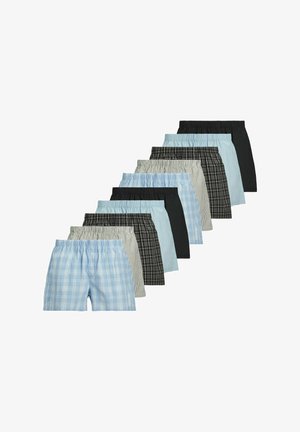 Neun Paar Herren-Boxershorts mit elastischem Bund in verschiedenen Farben und Mustern, darunter blau kariert, schwarz und gestreift.
