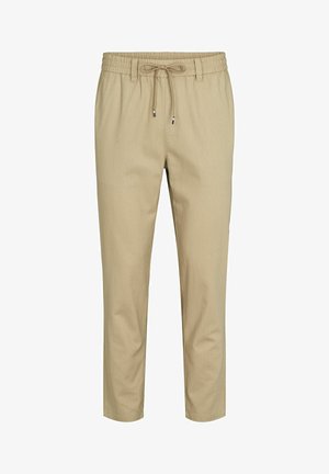 Beige jogger-püksid kergest kangast, mis on varustatud elastse vöökoha ja kummiga, samuti kahe külgtaskuga. Sile tekstuur, sirge lõige.