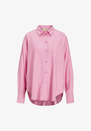 Light pink button-up shirt with a collared neckline, long sleeves, single chest pocket, and a slightly curved hem. Fabric appears soft.