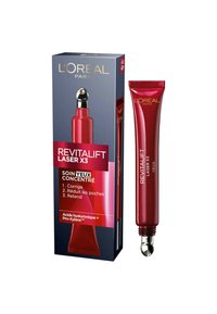 Tube rouge avec applicateur argenté, étiqueté "Revitalift Laser X3," accompagné d'une boîte bleue et rouge détaillant les avantages du produit et les ingrédients.