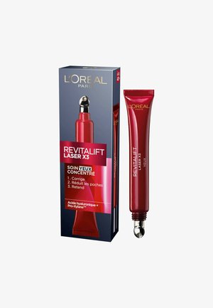 Tube rouge avec applicateur argenté, étiqueté "Revitalift Laser X3," accompagné d'une boîte bleue et rouge détaillant les avantages du produit et les ingrédients.