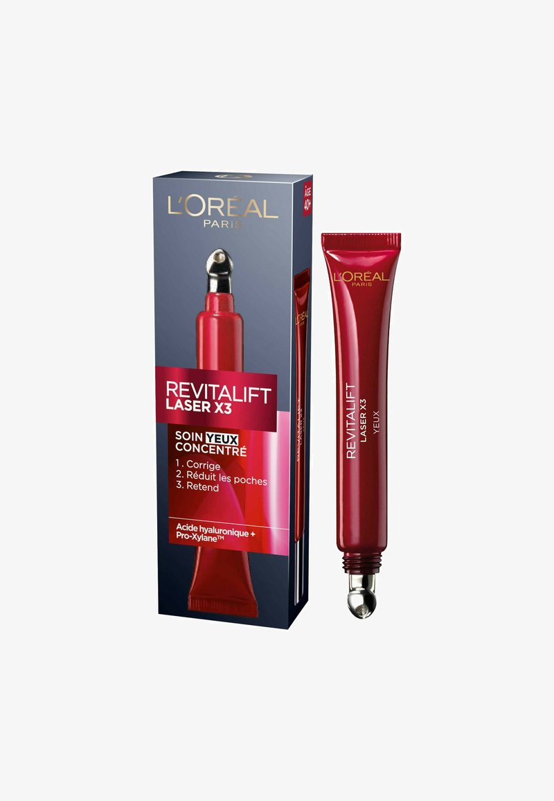 Tube rouge avec applicateur argenté, étiqueté "Revitalift Laser X3," accompagné d'une boîte bleue et rouge détaillant les avantages du produit et les ingrédients.