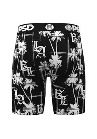 Black boxer briefs featuring a white palm tree and lettering pattern. Designed with a soft waistband labeled "PSD." Textured fabric for comfort.