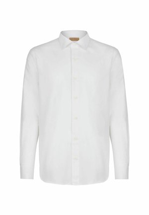 Vit långärmad skjorta i lätt tyg med klassisk krage, framknäppning och rak nederkant. Slät textur, inga mönster.