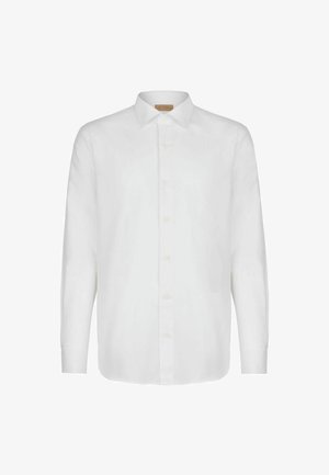 Hvid langærmet skjorte i letvægtsstof med klassisk krave, knaplukning foran og lige kant. Glat tekstur, ingen mønstre.