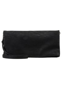 Pochette in pelle nera con superficie testurizzata, dotata di tracolla rimovibile e dettaglio logo in rilievo sulla parte anteriore. Forma rettangolare.