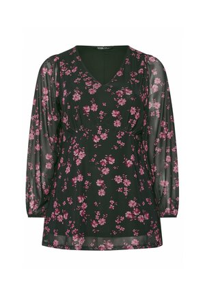 Schwarze Bluse mit Blumenmuster, V-Ausschnitt, langen transparenten Ärmeln, gerafftem Bund und pinken Blumenmustern. Leichtes Material mit lässiger Passform.