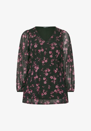 Blouse noire à motifs floraux avec un décolleté en V, de longues manches transparentes, une taille froncée et des motifs de fleurs roses partout. Tissu léger avec une coupe décontractée.