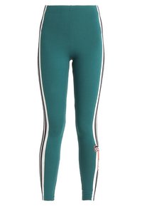 Teal leggings met witte en zwarte zijstrepen en een klein rood, wit en zwart logo op de rechterkuit.