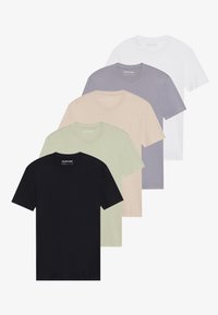 Set of five T-shirts in black, pale green, beige, light purple, and white. Each has a round neckline and short sleeves, made from cotton.