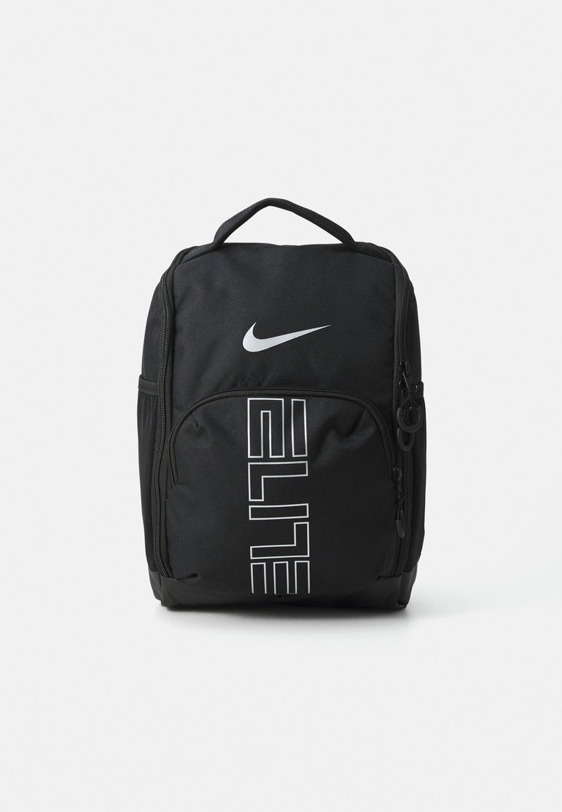 Black Nike backpack with front zip pocket, white swoosh logo near top, and vertical "ELITE" text in outlined white letters.