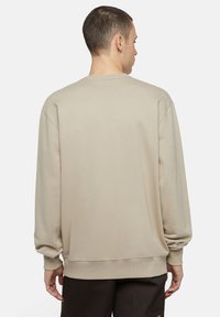 Sudadera beige con un diseño sencillo, de mangas largas y con puños y dobladillo acanalados. Tejido suave con una textura lisa. Sin logotipos ni patrones visibles.