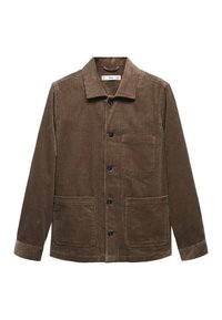 Giacca button-up in cotone a coste marrone con tre tasche frontali e colletto classico, maniche lunghe e bottoni neri al centro.