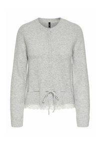 Cardigan grigio lavorato a maglia con collo rotondo, chiusura con bottoni, vita con cordino e pizzo lungo l'orlo. Presenta dettagli in perle sottili.