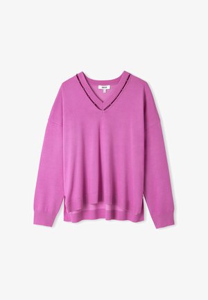 Maglione rosa a maglia con scollo a V, caratterizzato da un colletto a doppi punti e maniche lunghe. Il tessuto è morbido con dettagli a coste sull'orlo.