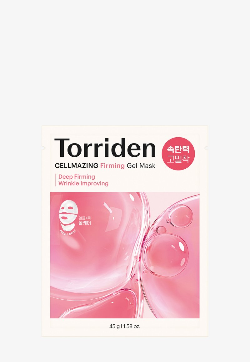 Das Paket der Torriden CELLMAZING Firming Gel Maske zeigt ein rosa Farbschema mit einer glänzenden Geltextur und runden Blasenakzenten.