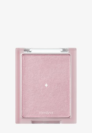 Shimmering pink highlighter in a transparent rectangular case, featuring a smooth texture and a star-shaped detail in the center.