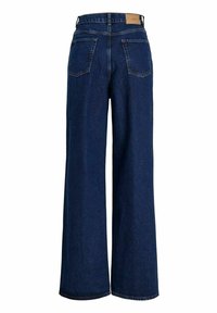 Breda ben mörkblå denimjeans med hög midja, med två bakfickor och en tanlabel på midjebandet.