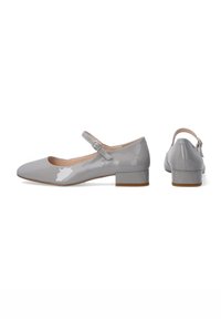 Grijze lakleren Mary Jane schoenen met een lage blokhak, voorzien van een verstelbare enkelriem en een rond toel ontwerp.