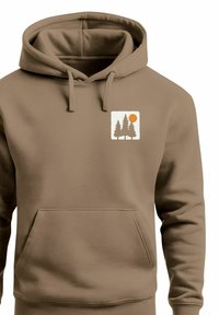 Brown hoodie featuring a front pocket and a graphic with two pine trees and an orange sun. Made from soft, textured fabric.
