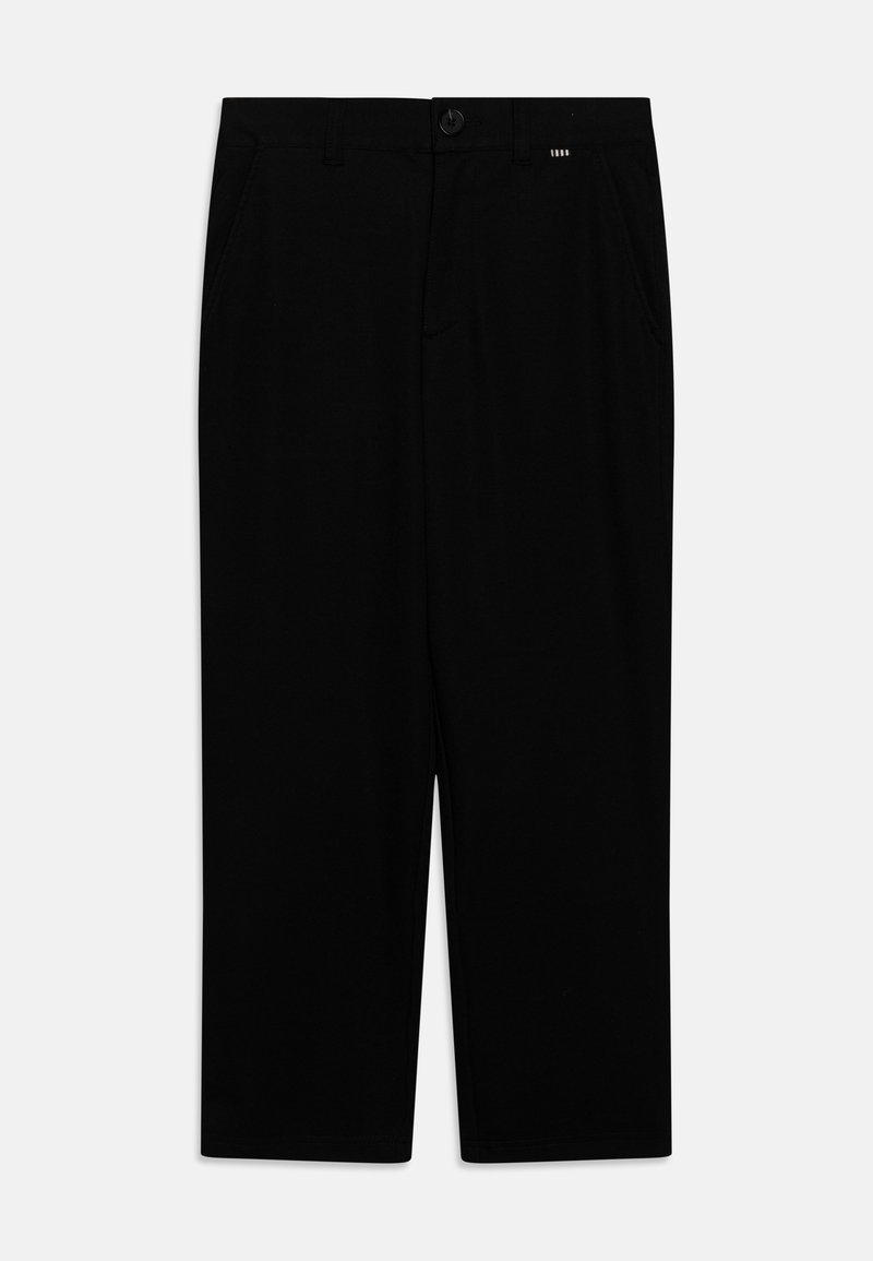 Schwarze Hose aus einem glatten, dehnbaren Stoff. Verfügt über einen Knopfverschluss, zwei Fronttaschen und ein gerades Bein.