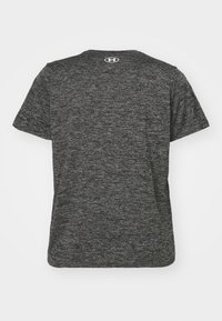 Dunkelgraues Kurzarm-T-Shirt mit melierter Textur und rundem Halsausschnitt. Mit einem kleinen Logo nahe dem Nacken auf der Rückseite.