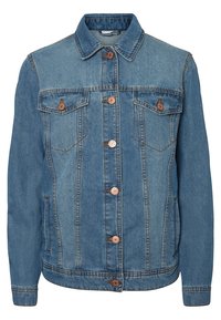 Světlá modrá džínová bunda s límcem, zapínáním na knoflíky, dvěma předními kapsami a kontrastními panelovými vzory. Bunda má hnědé knoflíky a prošívání.