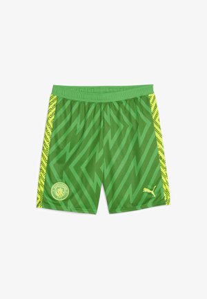 Pantalones cortos de fútbol verdes con un patrón en zigzag, acentos laterales amarillos, cinturilla elástica y un logotipo circular del Manchester City en la parte frontal.