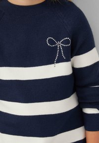 Pull rayé bleu marine et blanc à manches longues, présentant un détail de nœud en strass sur la poitrine. Tissu en maille douce et col rond.