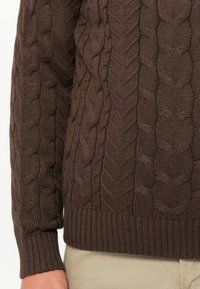 Maglione marrone a trecce con maniche e torso indossato con pantaloni beige, che mostrano morbidi pattern a maglia e polsini e orlo a coste.