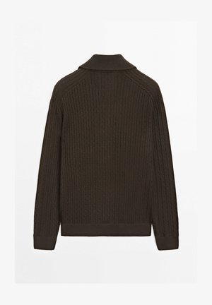 Pull en maille torsadée marron foncé avec manches longues, poignets et ourlet côtelés, et un petit col montant, vu de dos.