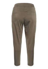 Olivenfarvede, tapered bukser med en glat tekstur, der har to baglommer og en tætsiddende talje.