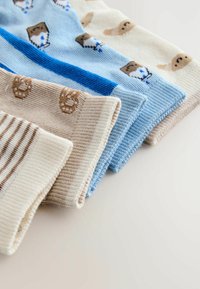 Cinci perechi de șosete pentru copii pliate, în culorile bej, crem și albastru, cu modele cu ursuleți și dungi.