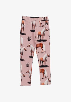Pink leggings featuring a horse pattern, with varying horse colors and grassy accents. Made from soft, stretchy fabric, designed for comfort.