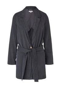 Blazer ceinturé gris foncé à manches longues, avec un bouton, un col à revers cranté et deux poches avant.