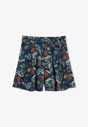 Shorts plissés bleu marine avec imprimé floral et de vigne en orange, bleu et vert, dotés d'une taille haute et d'une coupe large.