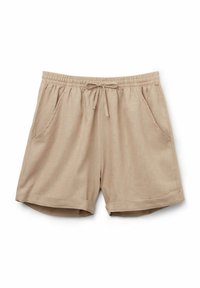 Beige shorts i lättviktig tyg, med elastisk midja och dragsko, två sidofickor och uppvikta fållar.