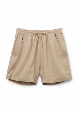 Beige shorts lavet af letvægtsstof, med en elastisk talje med snor, to sidelommer og ophøjede sømme.