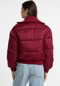 Giacca puffo bordeaux con ampio colletto, polsini e orlo a costine, motivo trapuntato, finitura lucida e vestibilità comoda, vista da dietro.