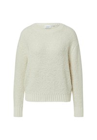 Cremfarbener, langärmeliger, strukturierter Strickpullover mit gerippten Bündchen und Saum, runder Ausschnitt und einem kleinen Markenetikett im Kragen.