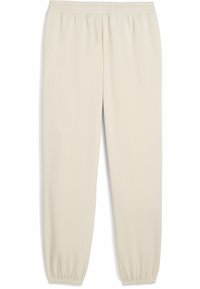 Cream-colored sweatpants with an elastic waistband and elasticized cuffs, made from a smooth fabric with a soft texture.