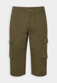 Shorts cargo couleur khaki avec une coupe droite, dotés de deux poches latérales, d'une fermeture à bouton et d'un matériau en mélange de coton durable.