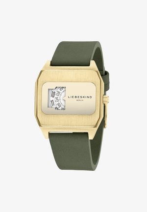 Rechteckige Uhr mit einem Gehäuse aus goldfarbenem Metall und einem olivgrünen Silikonarmband. Verfügt über ein weißes Ziffernblatt mit minimalistischem Design.