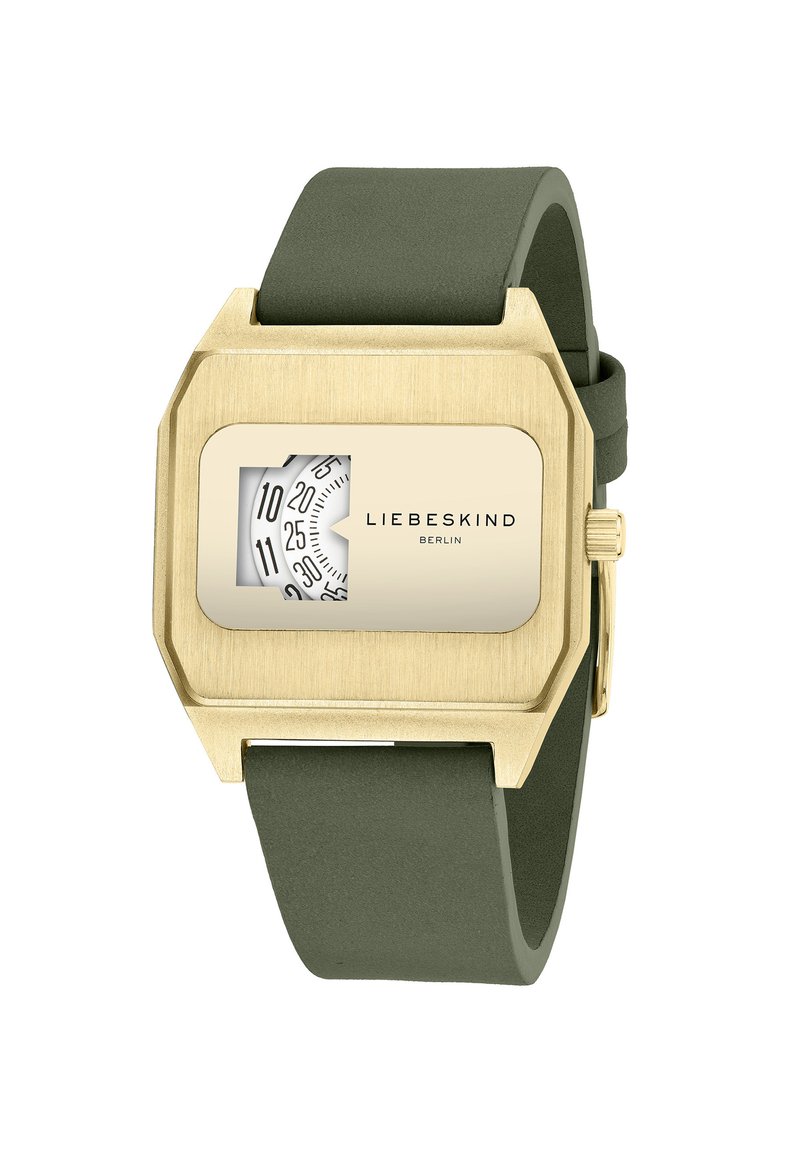 Montre rectangulaire avec un boîtier en métal doré et un bracelet en silicone vert olive. Présente un cadran blanc avec un design minimaliste.